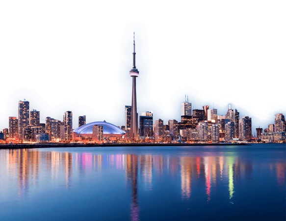 Professional Toronto web design showcase featuring a panoramic view of the CN Tower and Rogers Centre from the Harbourfront at sunset.